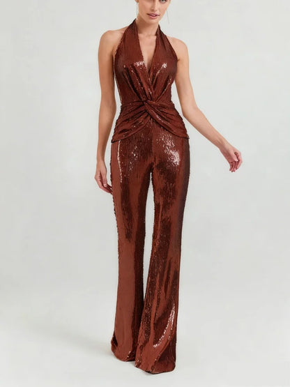 VC Gold Elegant Jumpsuits For Woman Luxury Brown Sequins Design Fashion Party Sexy Backless Sleeveless One Piece Female Clothing