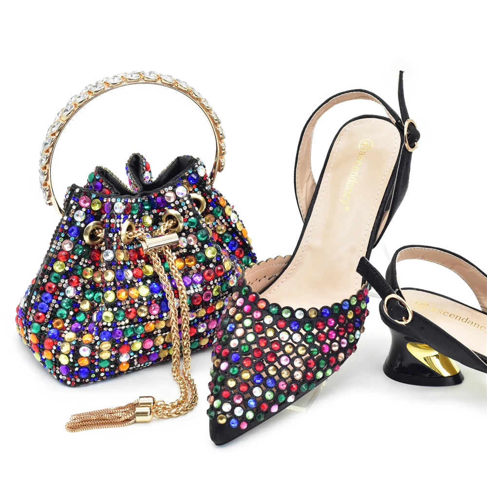 New Fashion Gold Color Shoes and Bags To Match Set Nigeria Party Women's Wedding Bag and Shoe Set Decorated with Rhinestone