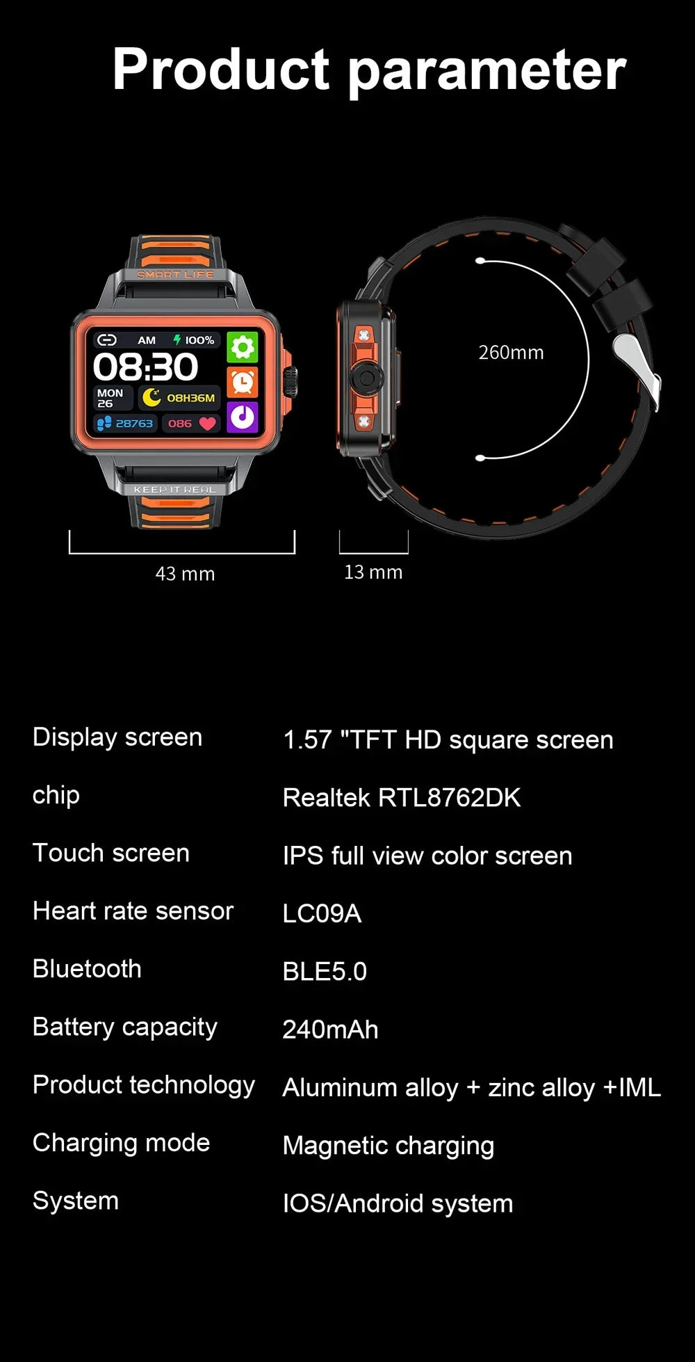 Hip Hop Fashion Personality Smart Watch 1.57-inch HD Screen 24h Continuous Heart Rate Sleep Monitor Game Waterproof Smartwatch