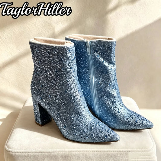 TaylorHiller Women Rhinestone Ankle Boots Blue Glitter Pointed Toe Short Botas Block Heel Side Zipper Sparkly Booties Shoes New