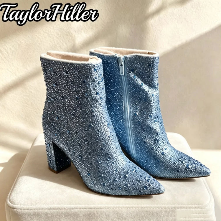 TaylorHiller Women Rhinestone Ankle Boots Blue Glitter Pointed Toe Short Botas Block Heel Side Zipper Sparkly Booties Shoes New