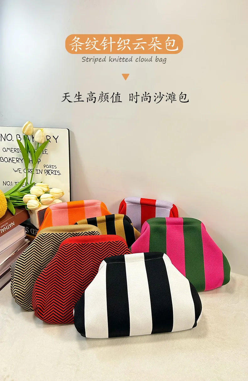 Woven Crochet Handbags for Women Summer Beach Clutch Bag Purses Knitting Dumpling Clutch Ruched Cute Cloud Casual Colorblock Bag