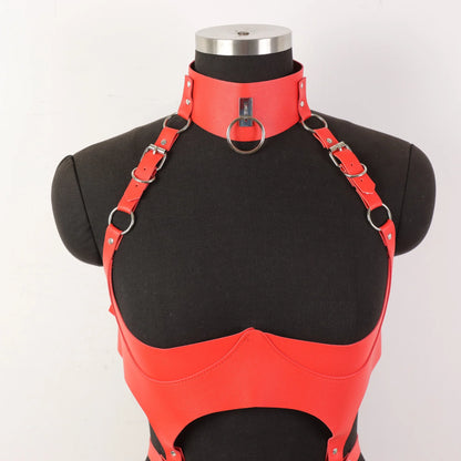 Women'S Sexy Gothic Vegan Faux Leather Full Body Harness Belt, Garter Belt Set
