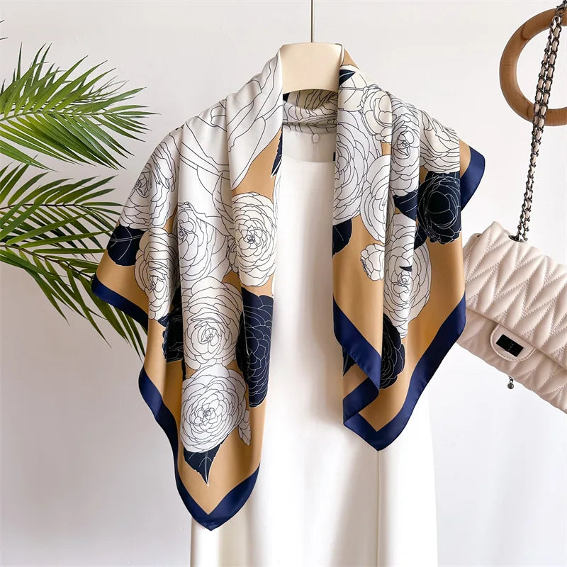 90cm Floral Print Silk Square Scarf Women Luxury Brand Satin Shawls Neckerchief Wrap Scarves Bandana Hair Hjiab Bohemian Style
