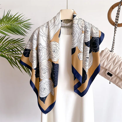 90cm Floral Print Silk Square Scarf Women Luxury Brand Satin Shawls Neckerchief Wrap Scarves Bandana Hair Hjiab Bohemian Style