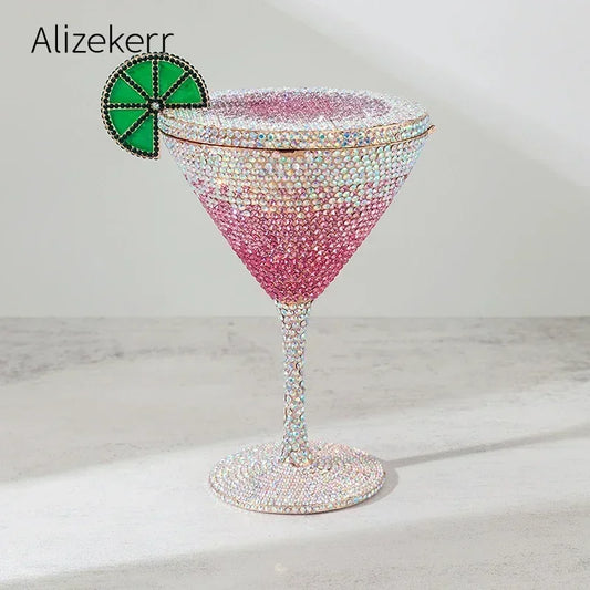 Alizekerr Cocktail Glass Shaped Rhinestone Evening Bags Luxury Designer Gorgeous Crystal Metal Purses And Handbags Wedding Party