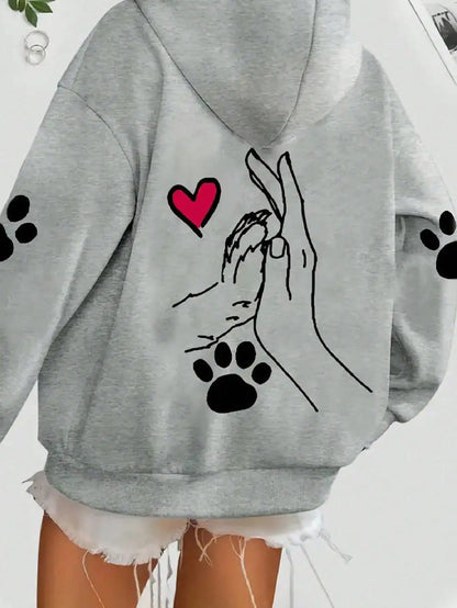 Ladies' Casual and Elegant Polyester Hoodie with Dog and Heart-Shaped Paw Prints, Hoodie, Animal Pattern