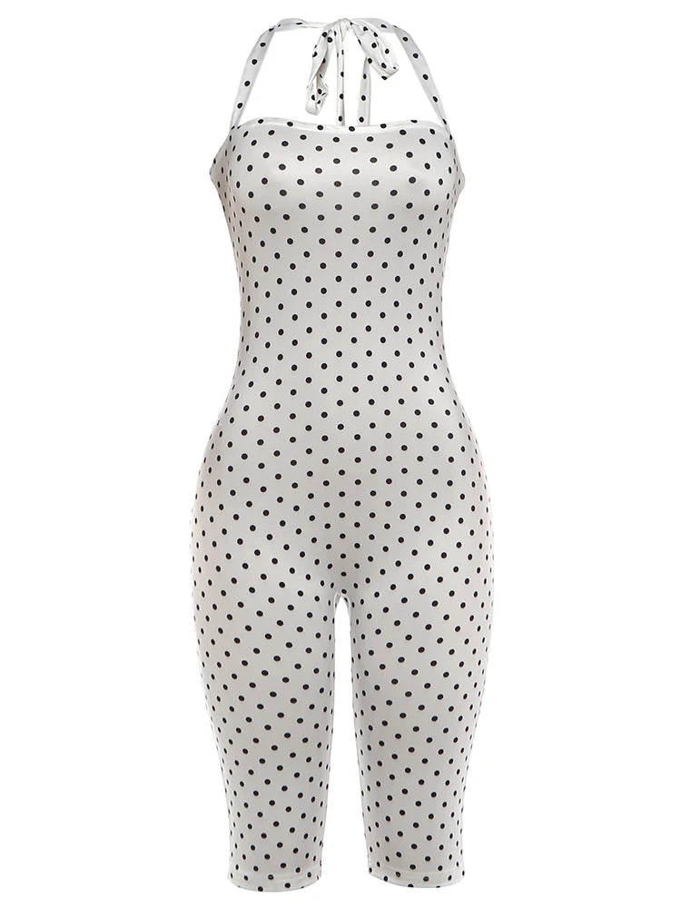 Kliou Polka Dot Print Playsuit Woman Summer Trend Bandage Halter Backless Skinny Peach Hip Hot Girls High Street Fashion Rompers