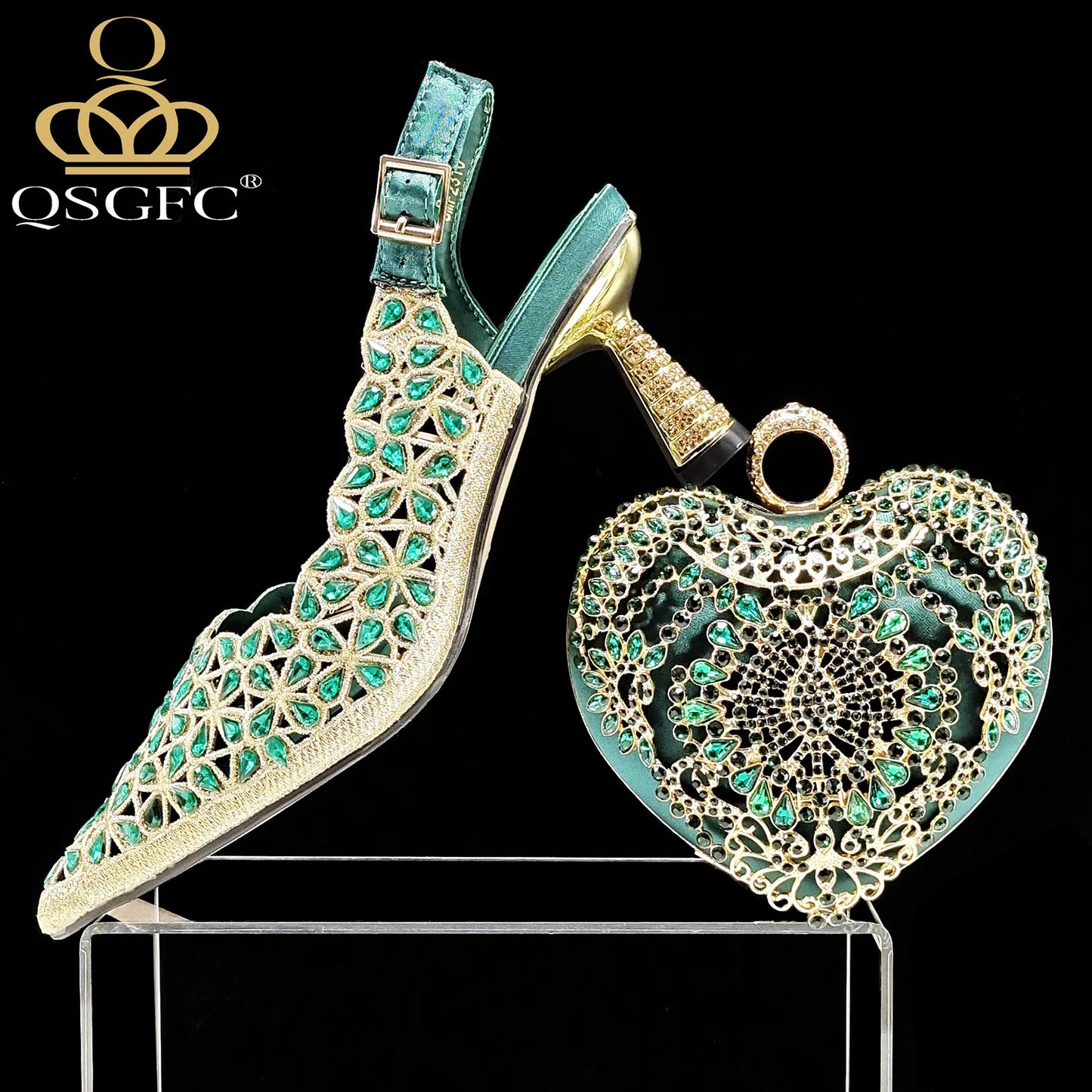 QSGFC Italian Design Rhinestone-encrusted Sex Ladies Shoes And Special Bag High Heels And Heart Shape Gold Mini Bag
