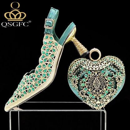 QSGFC Italian Design Rhinestone-encrusted Sex Ladies Shoes And Special Bag High Heels And Heart Shape Gold Mini Bag