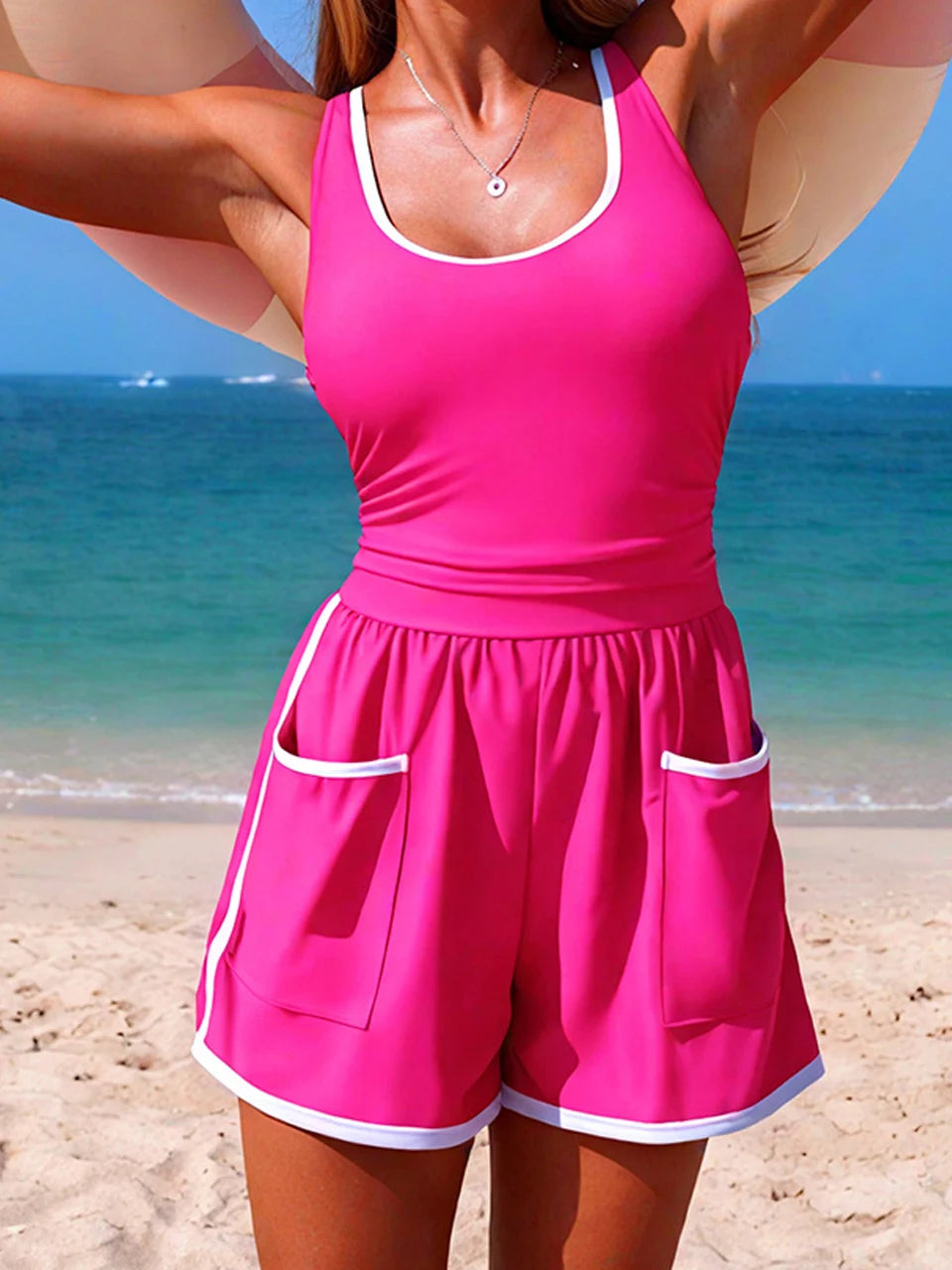 One Piece Contrast Swimwear 2026 New Women Sports Swimsuit With Shorts Female Bathers Bathing Swimming Bodysuit Beach Summer 2XL