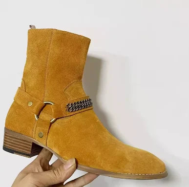 Brown Men Chelsea Boots Handmade High-quality Cow Suede Business Casual Square Toe Mid-heel Men Shoes Motorcycle Boots With Heel