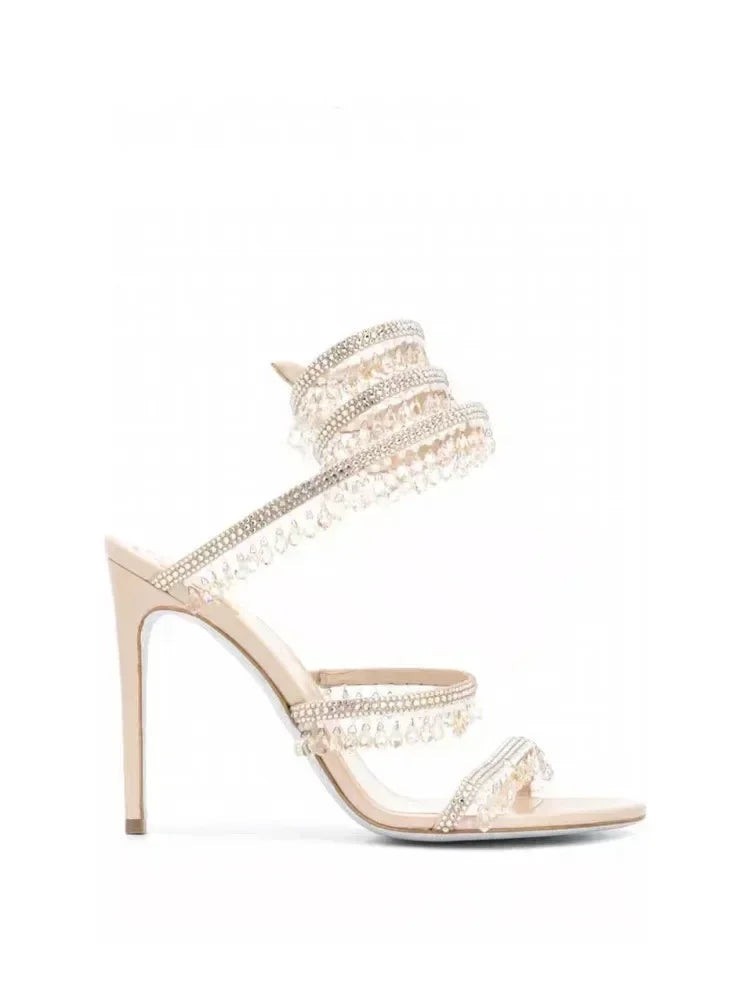 2026Women's New Water Diamond Sandals Fashion Tassel Crystal Shoes Sexy Banquet Party Twin Stiletto Women's Large Sandals