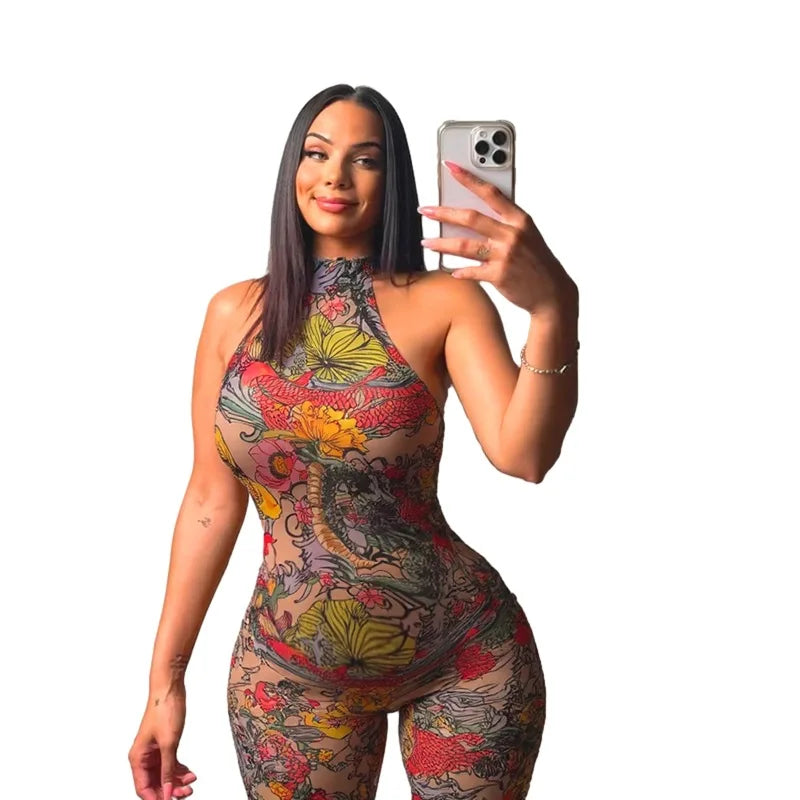 Sheer Mesh Print Transparent Sexy Bodycon Backless Jumpsuit Women Sleeveless Summer Rompers Jumpsuits for Women Playsuit