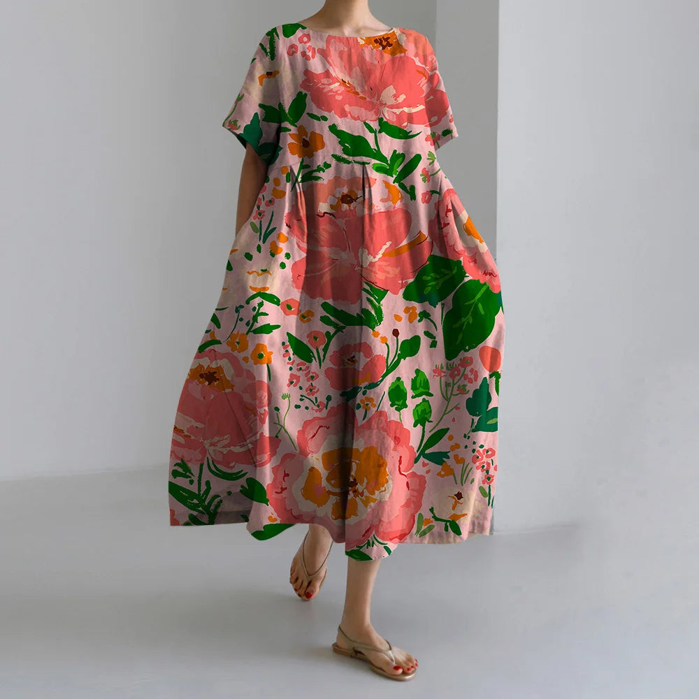 Holiday Casual Striped Printed Dresses Summer Women's Round Neck Short Sleeve Dresses Plus Size Pockets Elegant Party Dresses
