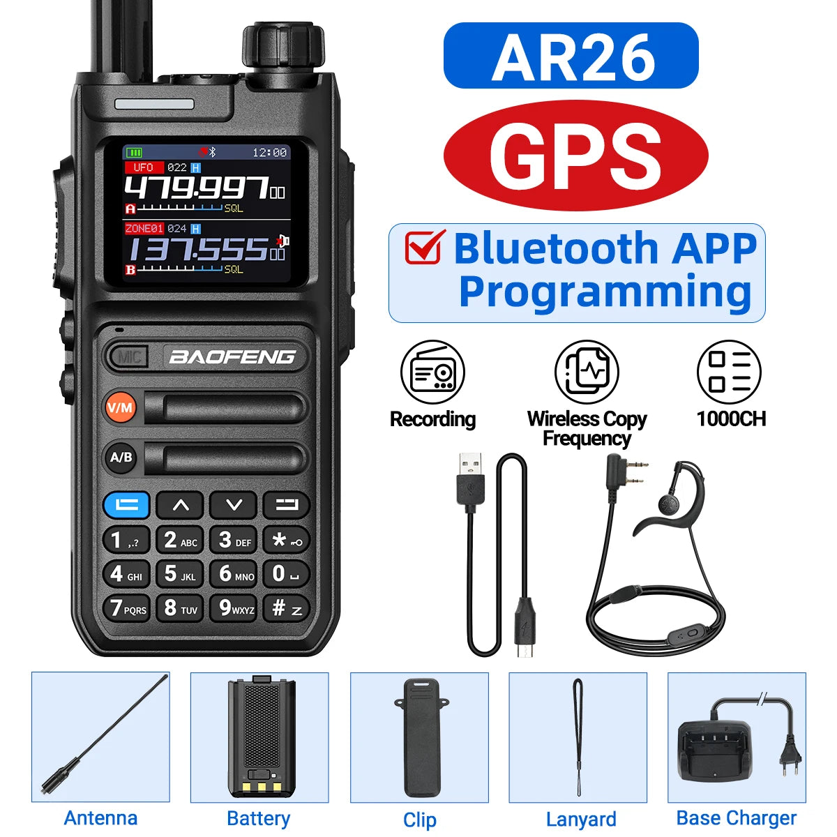 Baofeng AR-26 GPS Walkie Talkie Multi-Band Long Range Wireless Copy Frequency Air Band NOAA Type-C Charger For Camping Ham Radio