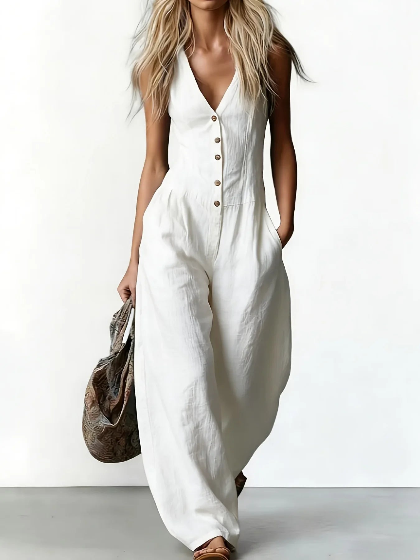 Women V Neck Spaghetti Strap Jumpsuit High Waist Pleated Wide Leg Long Pants with Pockets Casual Vacation Solid Overalls