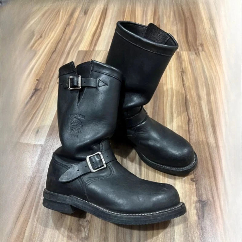 Handmade Vintage Velvet Khaki Work Boots Men's American Style Mid-Calf Retro Thick Bottom Belt Buckle Motobike Leather Boots