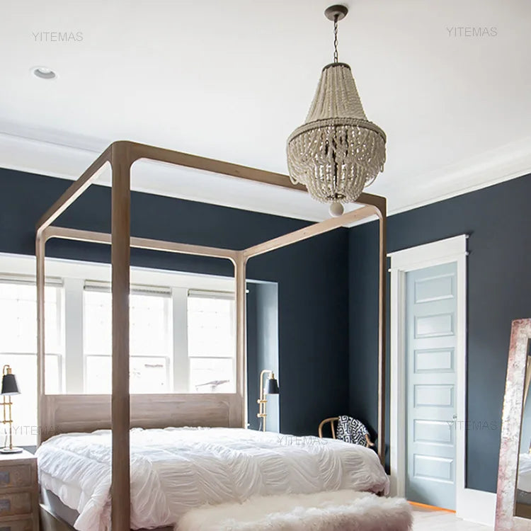 Blue Grey Wooden Beads 8 Lights Chandeliers For Foyers Vintage White Chandelier Lighting Bedroom Living Room Boho Pendant Light