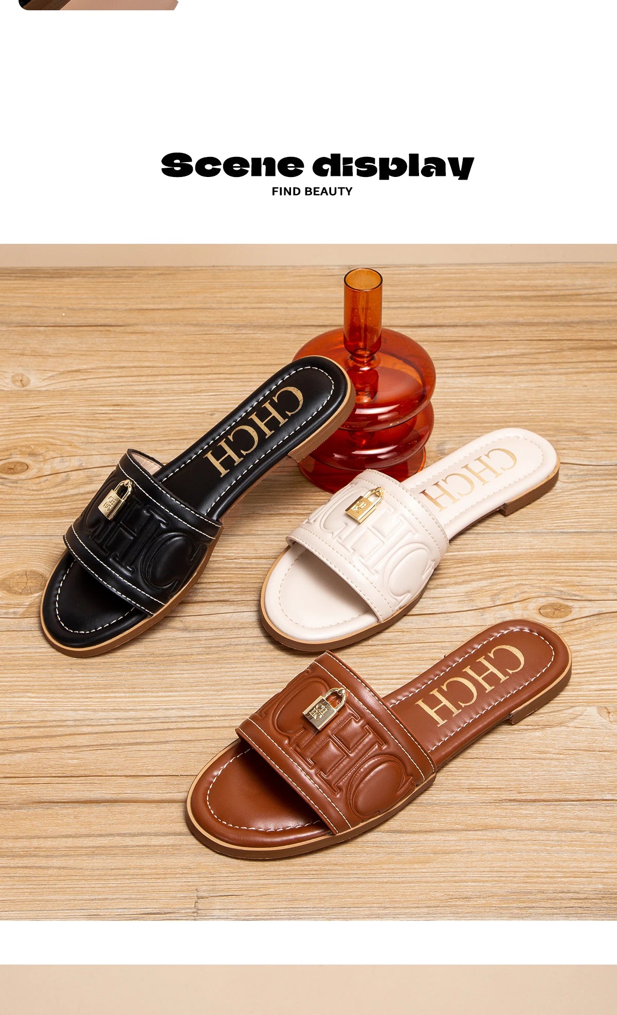 CHCH Women's Flat Shoes Summer New Solid Color Embossed Sandals Simple Fashion Slippers