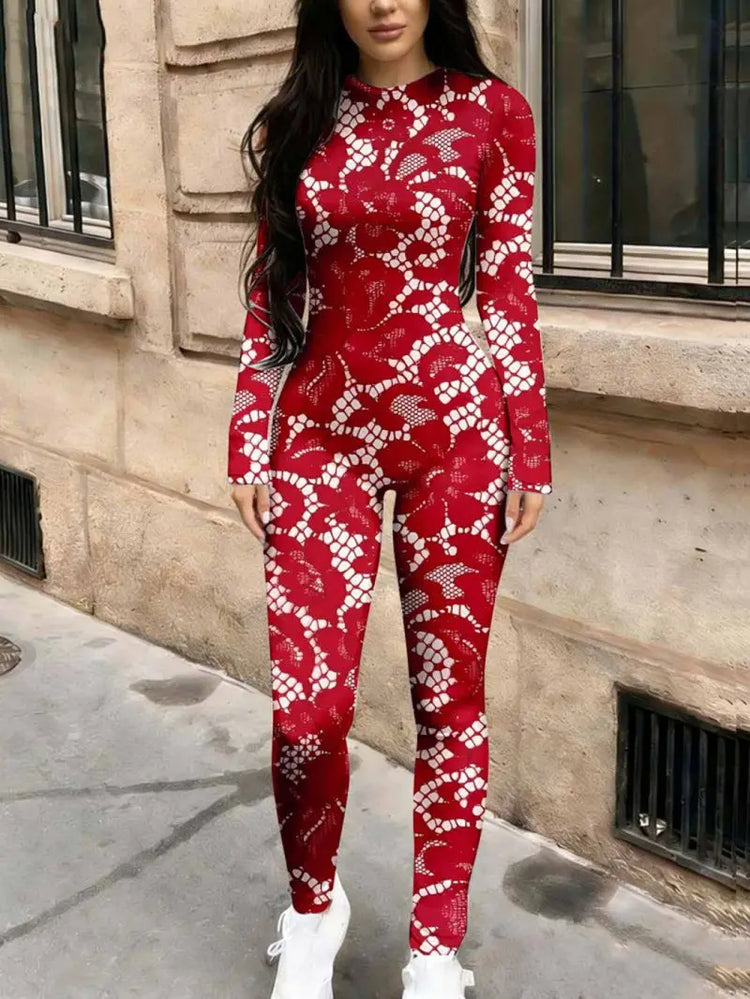 Round neck long sleeved tight fitting jumpsuit elastic slim fit women's spicy style jumpsuit pants