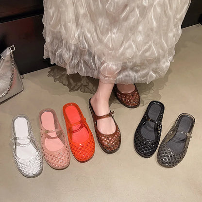 Women's Light Luxury Crystal Jelly Mary Jane Flat Sandals Hollow-out Breathable Closed Toe Summer Casual Non-slip Slip-on Shoes