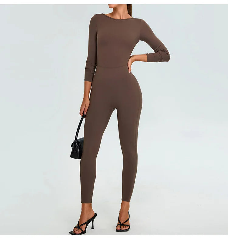 New Summer Sexy V Back Gym Sports Jumpsuit Yoga Clothes Rompers Women Long Sleeveles Workout Bodysuits Backless One-piece Suit