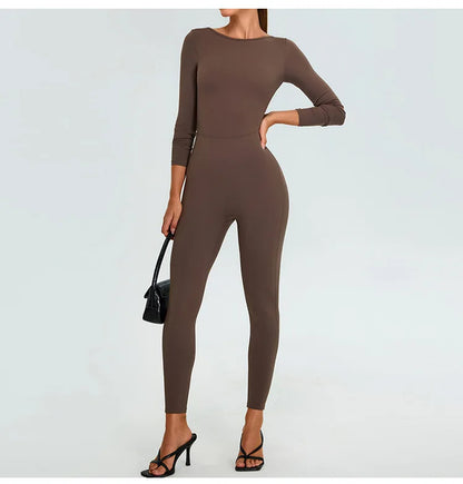 New Summer Sexy V Back Gym Sports Jumpsuit Yoga Clothes Rompers Women Long Sleeveles Workout Bodysuits Backless One-piece Suit