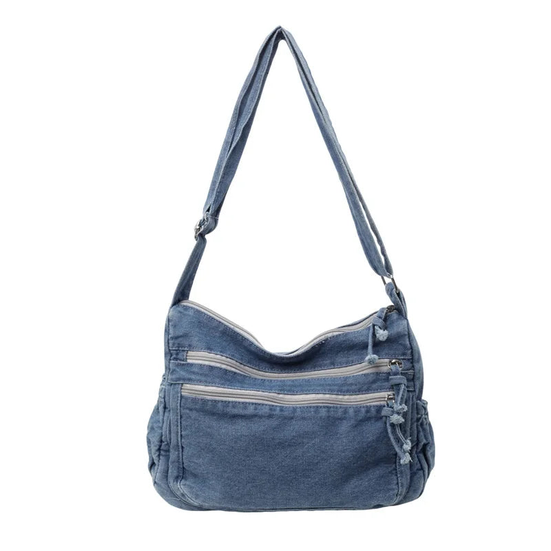 Vintage Denim Women's Shoulder Bag Large Capacity Messenger Bag Multi-pockets Satchel Bags Adjustable Strap Ladies Crossbody Bag