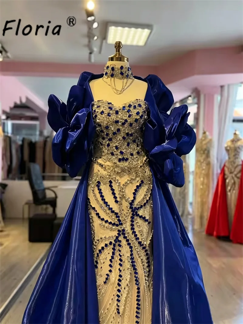 Luxury Royal Blue Evening Gown Rhinestones Beaded Wedding Guest Pageant Dress with Overskirt Phffy Shoulder Prom Gala Customized