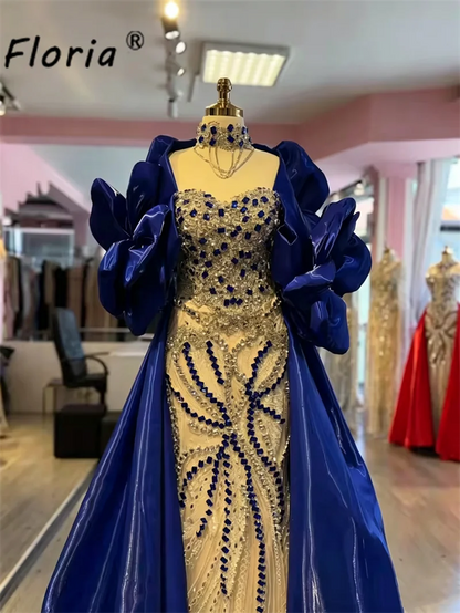 Luxury Royal Blue Evening Gown Rhinestones Beaded Wedding Guest Pageant Dress with Overskirt Phffy Shoulder Prom Gala Customized