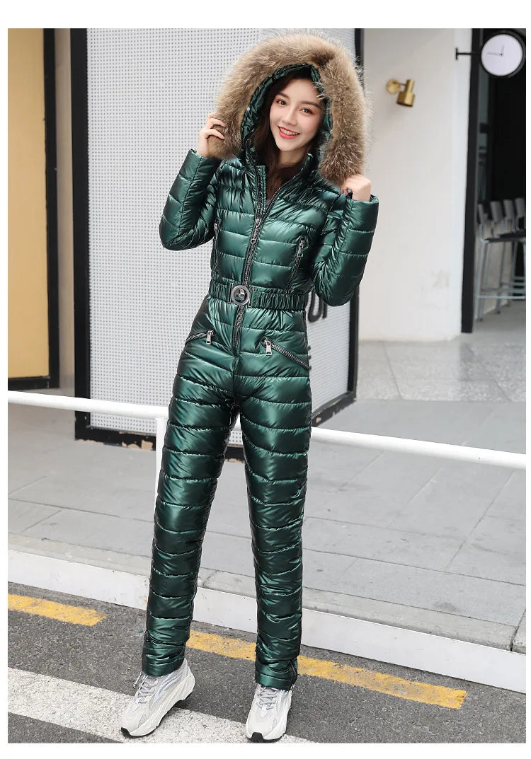 Jumpsuits One Piece Ski Suit Winter Thicken Snow Place Down Cotton Women Suits Warm Hooded Waist Slim Shiny Outdoor Sports