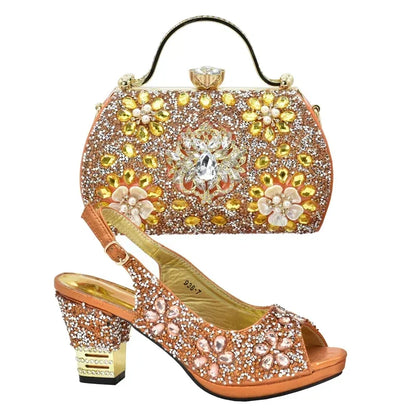 Nigerian Shoes and Matching Bags Sales in Women Matching Shoes and Bag Set for Party Rhinestone Wedding Shoes for Women Bride