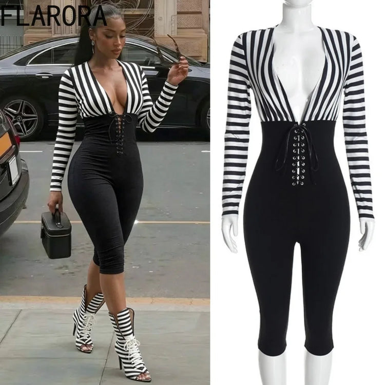 FLARORA Trend Stripe Color Blocking Jumpsuits Woman Deep V Neck Full Sleeve Bandage Skinny Peach Hip Sexy Party Club Overalls