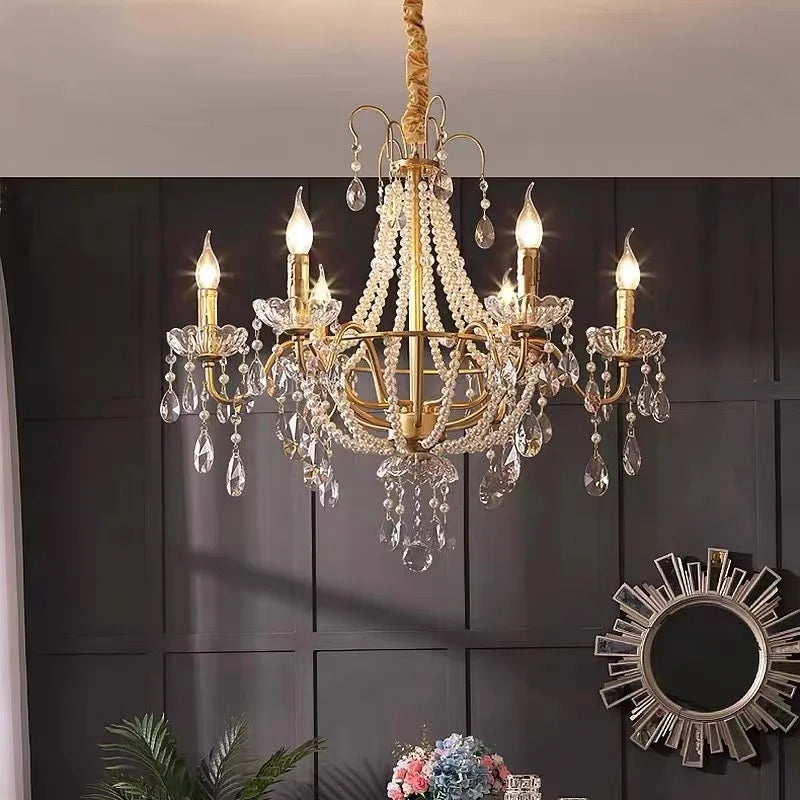 European Living Room Gold Candle E14 Chandelier Luxury Crystal Pearl Led Pendant Lights Villa Decor Led Suspend Lamp Luminarias
