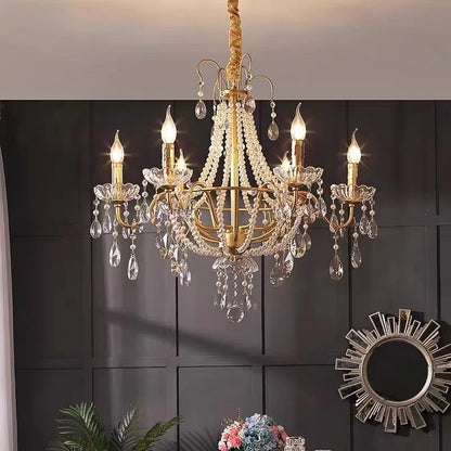 European Living Room Gold Candle E14 Chandelier Luxury Crystal Pearl Led Pendant Lights Villa Decor Led Suspend Lamp Luminarias