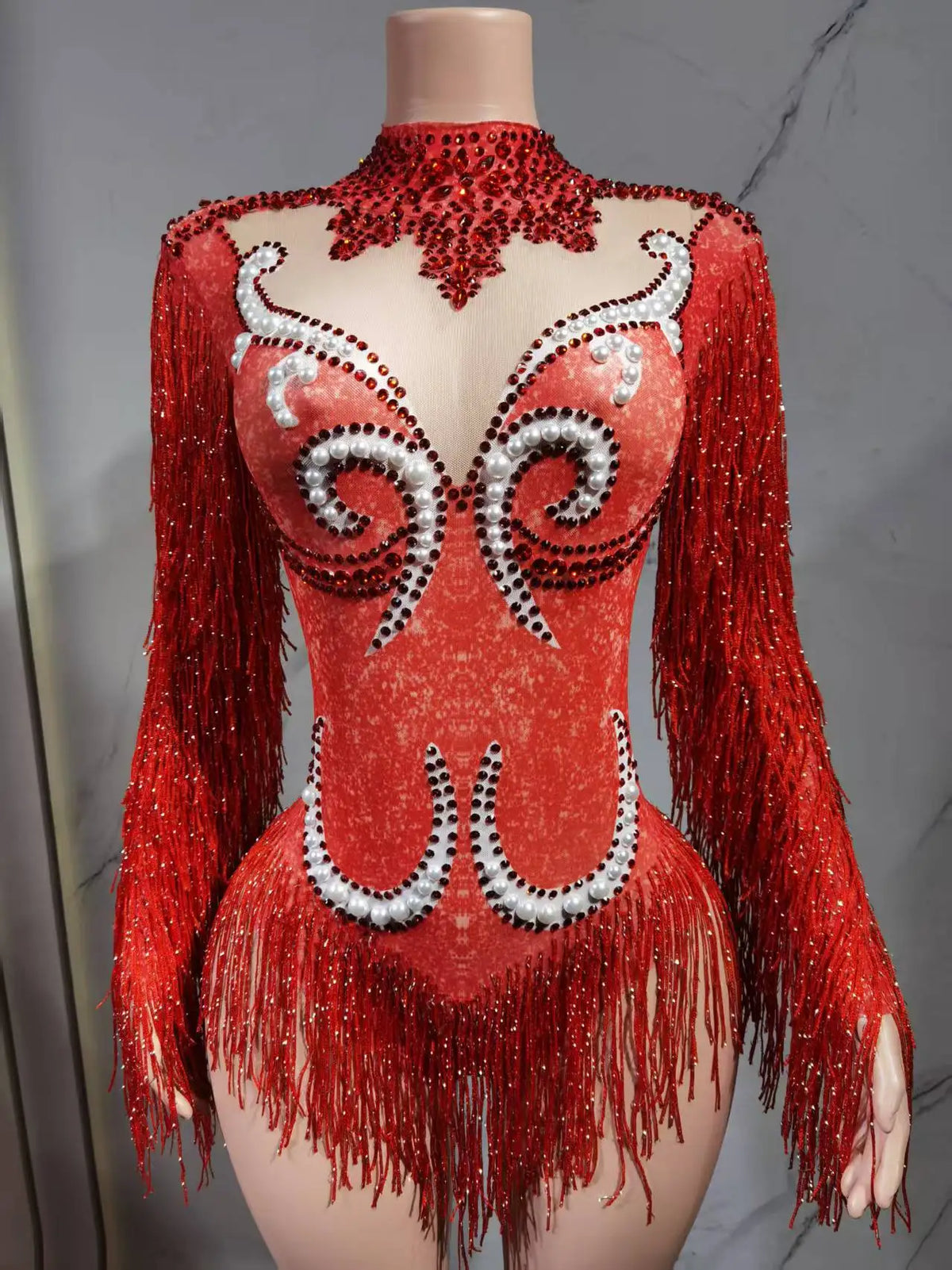Luxury Gray Fringe Silver Rhinestones Pearls Transparent Bodysuit Women Dance Show Costume Birthday Party Outfit