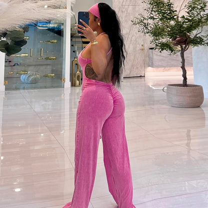 Casual sports faux washed printed headband paired with backless flared jumpsuit