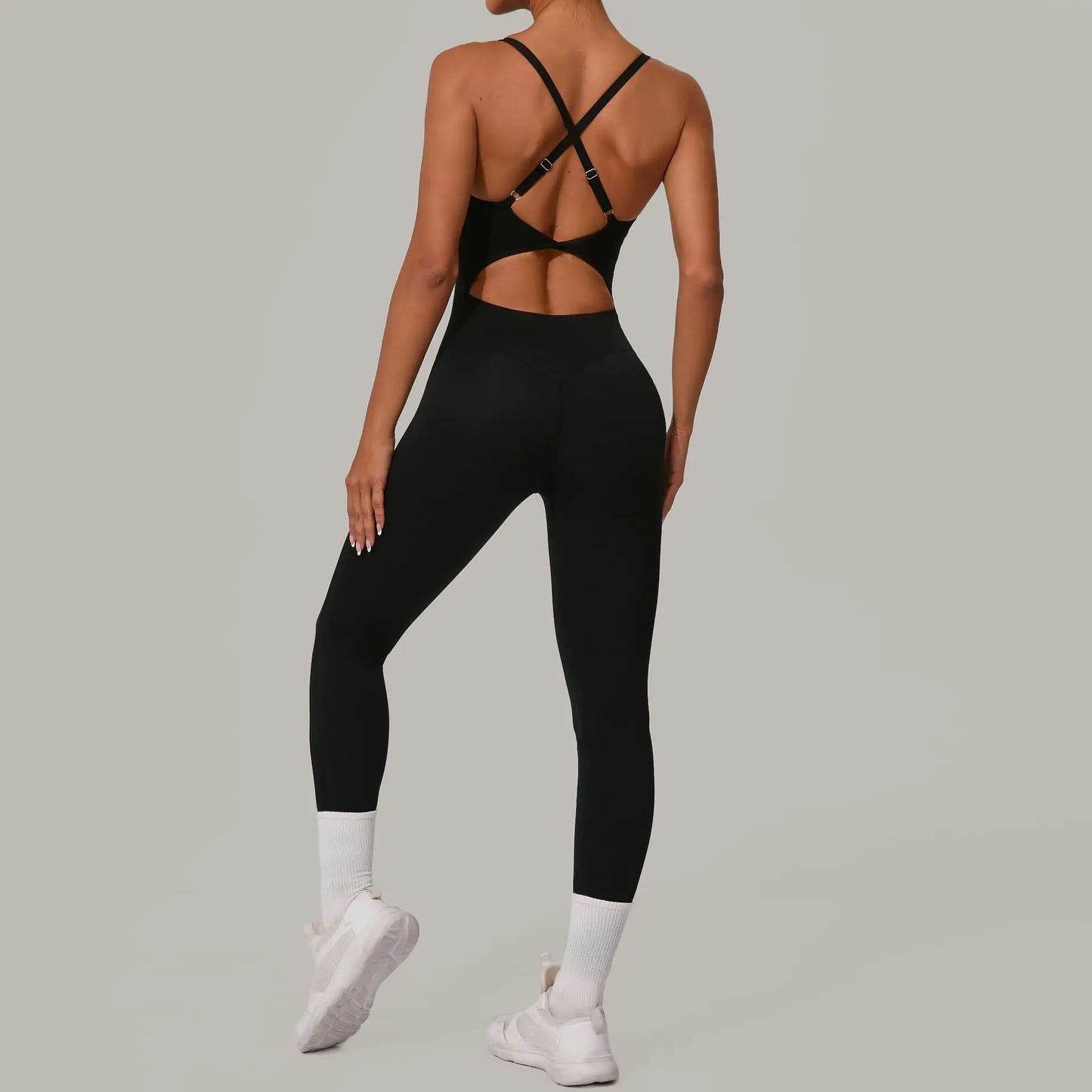 New Nylon Pad V-Neck Wrap Yoga Bodysuit - Adjustable Hook Tummy Control Butt Lift Workout Jumpsuit