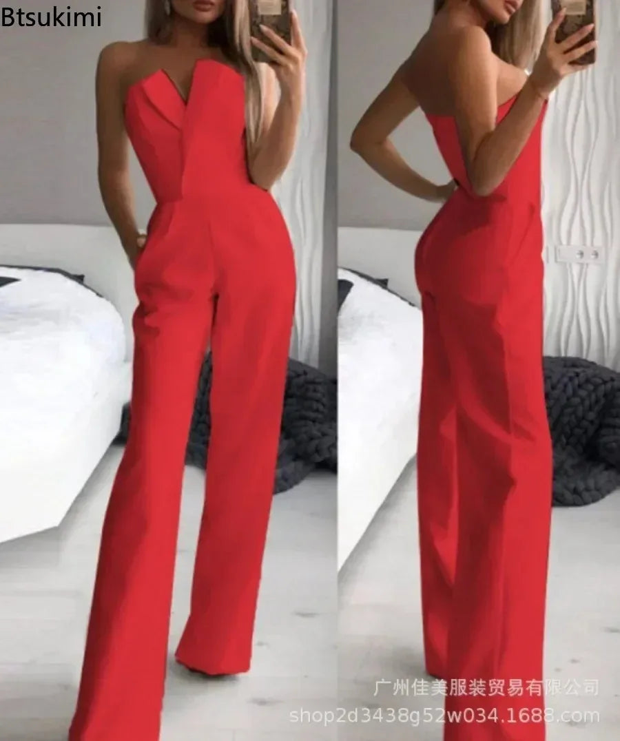 New Fashion Women's Elegant Jumpsuits Solid Off Shoulder Sexy Slim Jumpsuits Female Sleeveless High Waist Wide Leg Rompers Pants