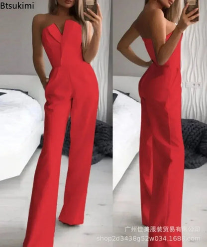 New Fashion Women's Elegant Jumpsuits Solid Off Shoulder Sexy Slim Jumpsuits Female Sleeveless High Waist Wide Leg Rompers Pants