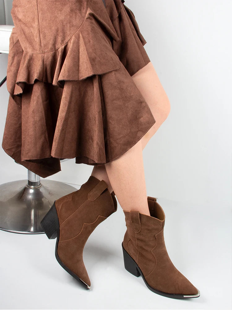 GMQM 2025 Women's Comfort Ankle Booties Brown Cowboy Western Boots Metal Heels Block Wide Calf Pointed Toe Slip On Casual Shoes