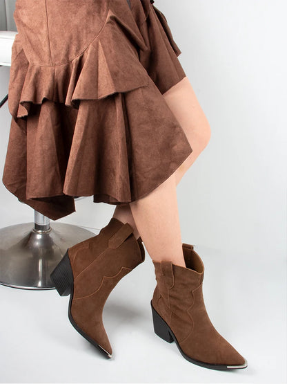 GMQM 2025 Women's Comfort Ankle Booties Brown Cowboy Western Boots Metal Heels Block Wide Calf Pointed Toe Slip On Casual Shoes
