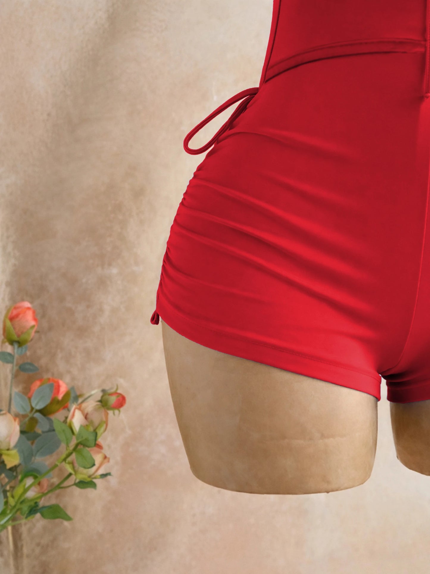 American-Style Spicy Girl Red One-Piece Jumpsuit, Halter Neck, Deep V, Backless, Tie-Waist, Slimming, Short Beach Vacation Jumpsuit