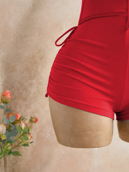 American-Style Spicy Girl Red One-Piece Jumpsuit, Halter Neck, Deep V, Backless, Tie-Waist, Slimming, Short Beach Vacation Jumpsuit