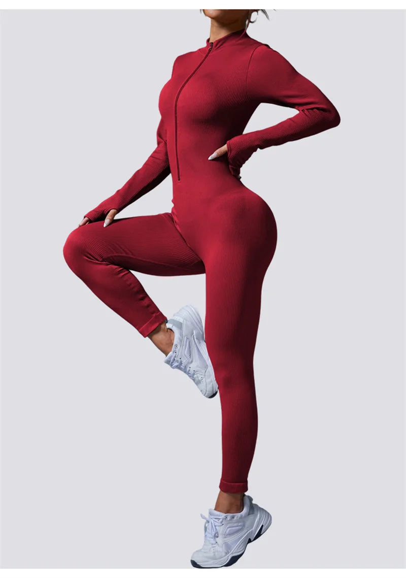 Screw Zipper Long Sleeve Jumpsuit Woman Slim Gym Workout Running Yoga Jumpsuits Women V Neck Tight Sports Fitness Clothes