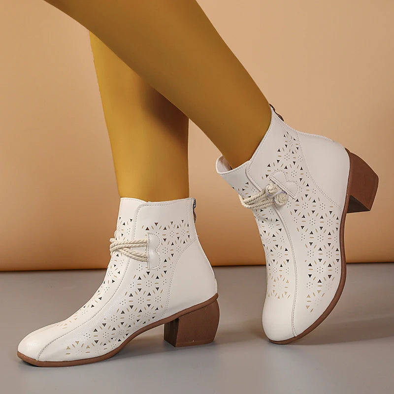 2025 Summer New Women's Fashion Hollow-Out Soft Sole Mid-Heel Ankle Boots, Retro Breathable Comfortable Shoes