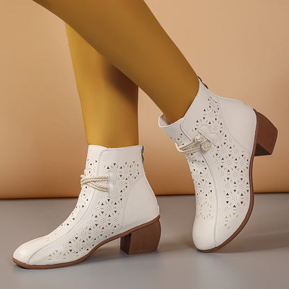 2025 Summer New Women's Fashion Hollow-Out Soft Sole Mid-Heel Ankle Boots, Retro Breathable Comfortable Shoes