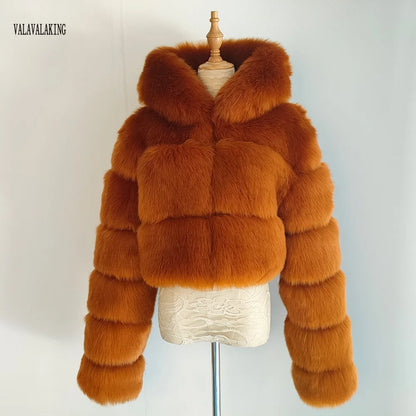 2026 Women Winter Plus Size Faux Fur Croped Coat Female Furry Hooded Long Sleeve Plush Jacket Lady Fake Fur Warm Fluffy Cardigan