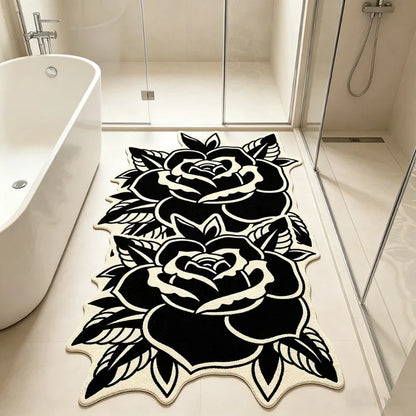 Fashion Retro Black White Rose-Shaped Living Room Carpet Light Luxury Bedroom Bedside Rug Soft Comfortable Floor Mat Home Decor